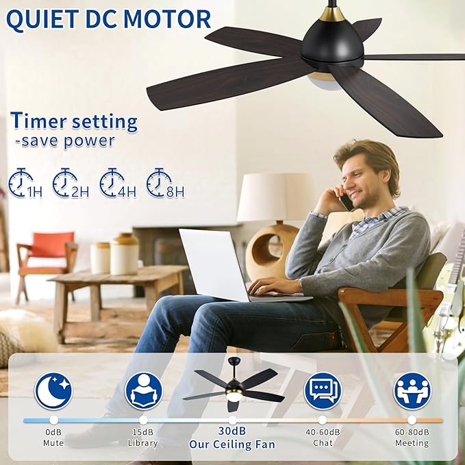 Black and Gold Ceiling Fan with Lights,52 Inch Ceiling Fans,6 Speeds,3 Color,Quiet DC Motor,Ceiling Fan with Remote Control for Bedroom Living Room Patio Kitchen