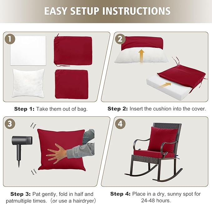 24x24 Inch Outdoor Cushions for Patio Furniture, Waterproof Outdoor Chair Cushions w/Fade-Resistant, Removable & Machine-Washable Covers, Deep Seat Sofa/Couch Pad Replacement – Set of 1/2/4, Burgundy