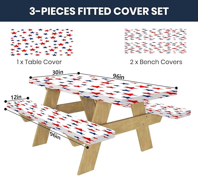 CAPSCEOLL Picnic Table Cover with Bench Covers 8Ft 4Th of July Waterproof Camping Tablecloth All-Weather Outdoor Table Protector with Drawstring Bag for Camping Essentials, 96X30In, Stars