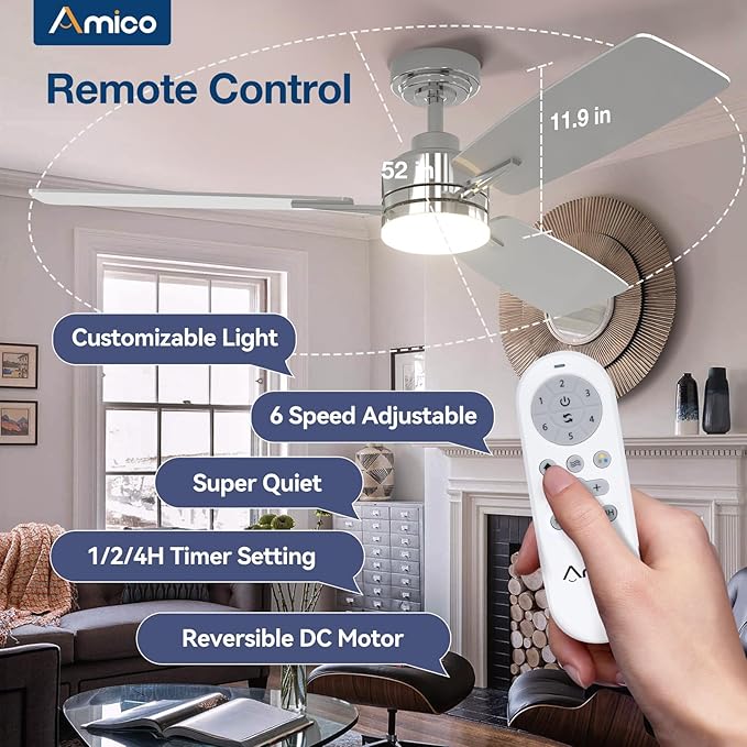 Amico Ceiling Fans with Lights, 52 Inch Ceiling Fan with Light and Remote Control, Nickel Fan, Reversible, 3CCT, Dimmable, Noiseless, Ceiling Fan for Bedroom, Indoor/Outdoor Use