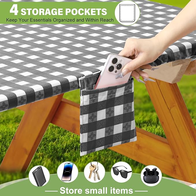 Fitted Picnic Table Cover with Bench Covers Waterproof Elastic Edges Rectangle Patio Tablecloth Outdoor Camping Essentials Stuff Rv Accessories Summer Trip Travel Supplies Party Camper Gifts, 8 ft