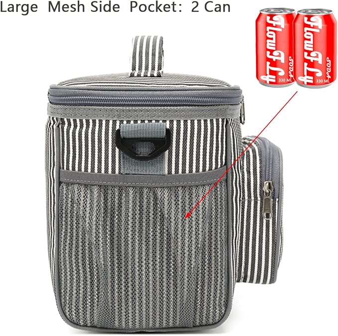 FlowFly Insulated Reusable Lunch Bag Adult Large Lunch Box for Women and Men with Adjustable Shoulder Strap,Front Zipper Pocket and Dual Large Mesh Side Pockets,Stripes