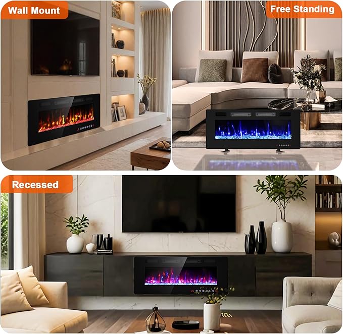 BREEZEHEAT 42 Inch Ultra Thin Electric Fireplace-Freestanding or Recessed Wall Mounted Fireplace Heater, Remote Control, Touch Screen, 750W/1500W, 8H Timer for Living Room, Bedroom, Office