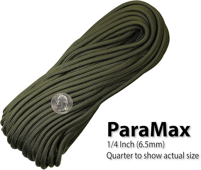 1/4" ParaMax Paracord 100 ft – 1000 lb Type IV Rope for Dog Leashes, Camping, Kayak Anchor - Made in USA - Olive Drab