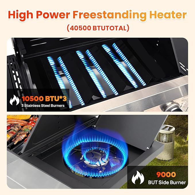 3-Burner Propane Gas BBQ Grill with Side Burner, Porcelain-Enameled Cast Iron Grates and Grills Cover, 40,500 BTU Stainless Steel Grill for Outdoor Camping Barbecue Grilling Backyard Cooking