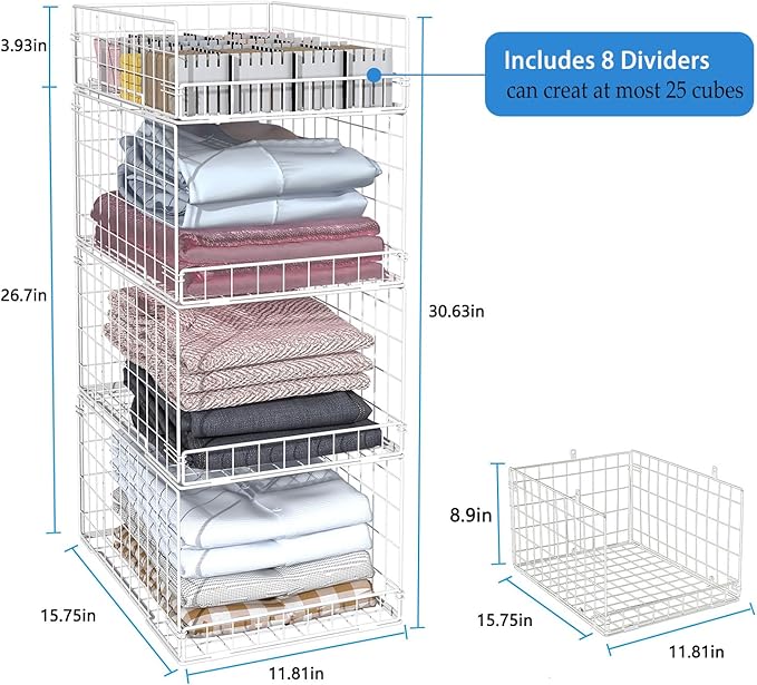 4 Tier Closet Organizers and Storage Shelves, Collapsible Stackable Storage Drawers Organizer Shelf Bins Baskets Containers for Truck Camper RV Closet Cupboard Wardrobe,Narrow, Sturdy Metal Frame