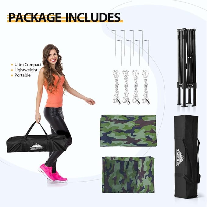 EAGLE PEAK Flex Ultra Compact 4x4 Pop-up Canopy, Sun Shelter, Changing Room, Portable Privacy Canopy Cabana for Pool, Fashion Photoshoots, or Camping, Camo