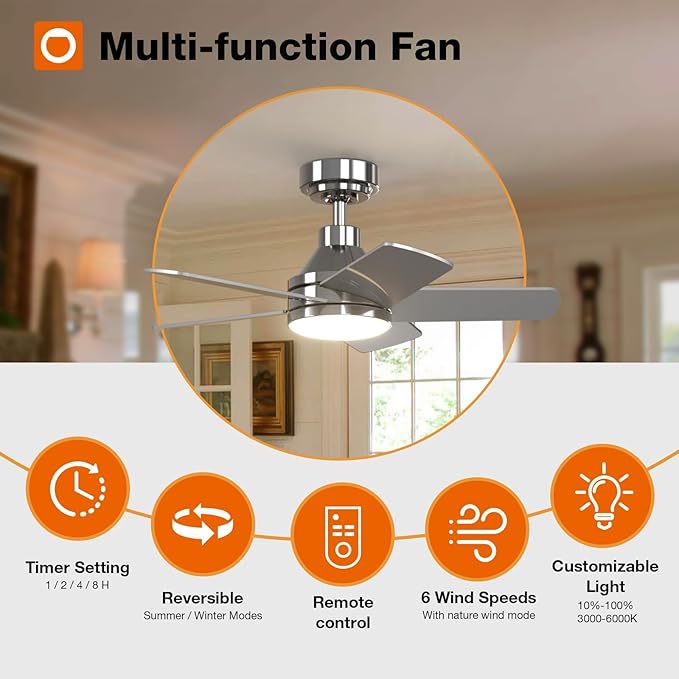 addlon Ceiling Fans with Lights, 32 inch Nickel Ceiling Fan with Light and Remote Control, Reversible, 3CCT, Dimmable, Noiseless, Small Ceiling Fan for Bedroom, Farmhouse, Indoor/Outdoor Use