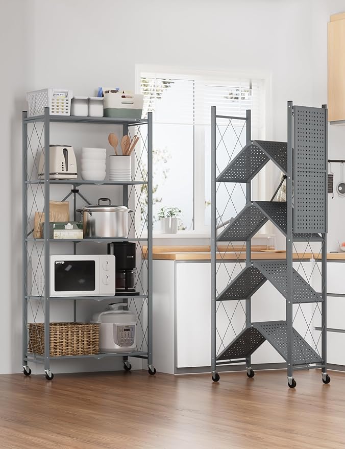 ALANNG 70.7" H Metal Storage Shelves, 5 Tier Folding Shelf on Wheels, Heavy Duty, No Assembly, Rolling, Collapsible Rack Unit for Kitchen, Basement, Pantry (Gray,2 Pack)