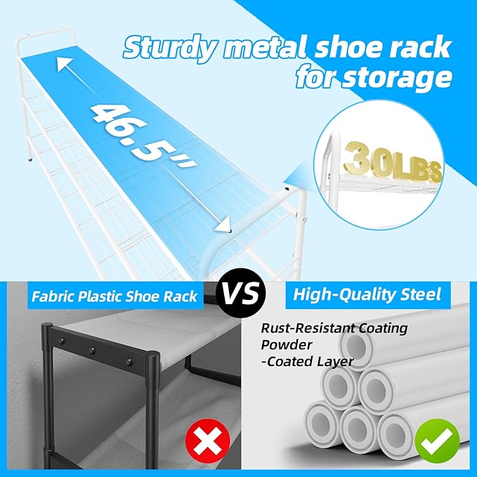 3 Tier Shoe Rack for Closet, 46.5 Inch Extra Long Shoe Storage Organizer for Shelves, Heavy Duty Metal, Easy Assembly, White