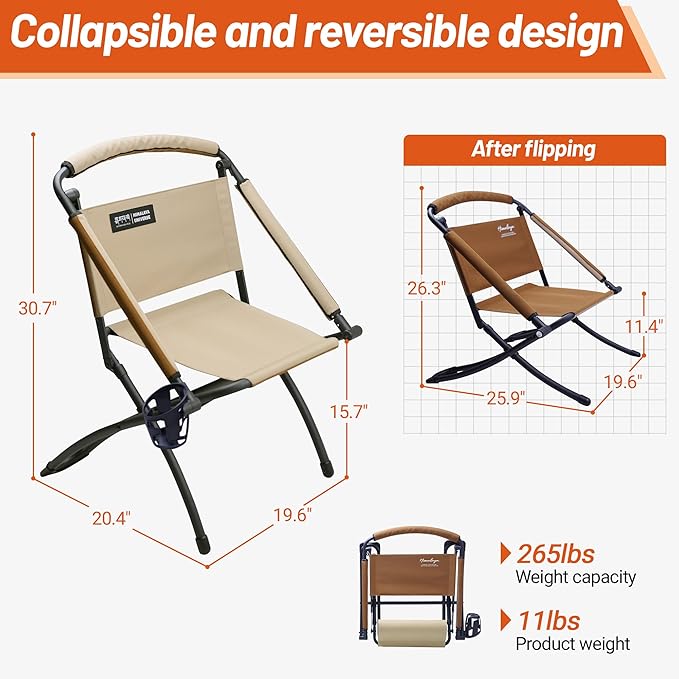 Folding Chair Double-Side Seat, Camping Chair Usable On Both Sides, One Chair Two Heights, Carbon Steel Portable Foldable with Cup Holder for Camp Beach Picnic Patio Sports Brown Beige