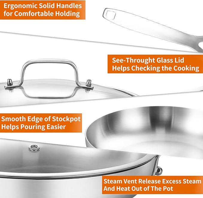 DELARLO Tri-Ply Stainless Steel 8 inch Frying Pan With Lid, Oven Safe Induction Skillet, Suitable for All Stoves Up to 600℉（Lids 300℉）