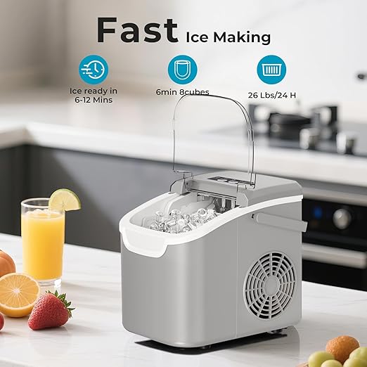 Countertop Ice Maker – 8 Bullet Ice in 6 Mins, 26.5lbs/24Hrs – Self-Cleaning Portable Machine with Adjustable Ice Size & Digital Touch Control Home/Office/Bar