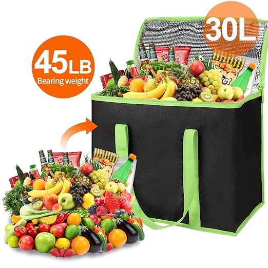 Bodaon 5-Pack Cooler Insulated Food Delivery Bag, Thermal Hot Pizza，X-Large Bags With Top Zippered for Grocery/DoorDash/Catering/Shopping, Large Cold Frozen Door Dash Accessories, Black-Green Edge