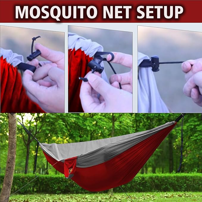 Camping Hammock, Portable Hammocks with Mosquito Net,Lightweight Nylon Parachute Hammock with 10ft Tree Straps,Camping Gear Must Haves for Travel Hiking Backpacking Beach Patio-Red&Grey