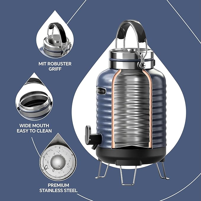 IDEUS Insulated Beverage Dispenser 5.2L, All-in-one for Camping Vacuum Double-Wall Stainless Steel Water Cooler Coffee Carafe Jug Leakproof Drink Container with Handle, Spigot & Stand (Blue)