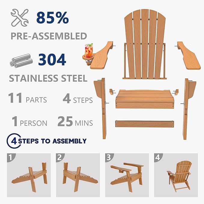 Folding Adirondack Chair, Cup Holder,SGS Tested, Wooden Textured, Heavy All-Weather HDPE Comfortable Set Poolside Backyard Lawn Teak Set 2