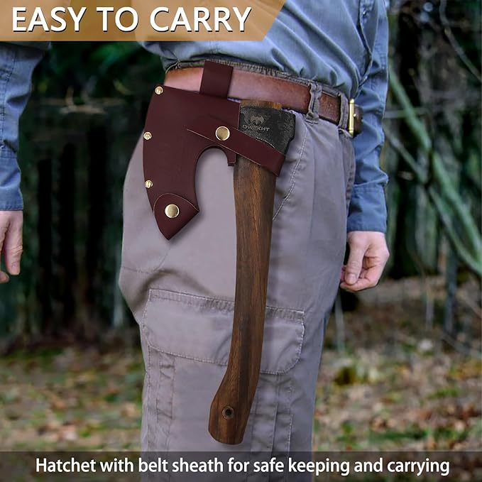 14.6" Hatchet, Camping Hatchet with Leather Sheath, Bushcraft Axe with 1065 Carbon Steel & Beech Handle, Survival Axe for Wood Splitting and Chopping - Perfect for Gardening and Outdoor