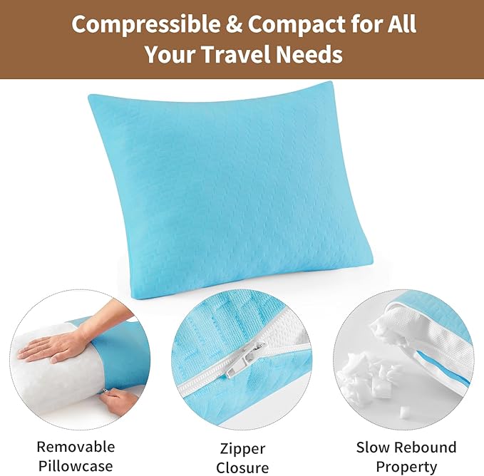 Small Shredded Memory Foam Pillow, Camping Pillow Travel Pillow - Compressible Medium Firm, Breathable Cover, Ideal Backpacking Hiking, Airplane and Car (Sky Blue, M)