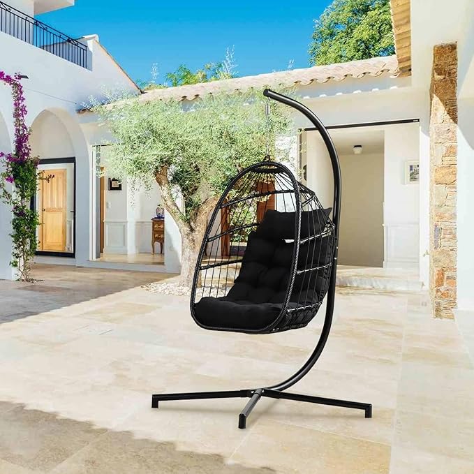 PRIVATE GARDEN Indoor Outdoor Patio Hanging Egg Chair Wicker Swing Hammock Chairs UV Resistant Cushion Folding Aluminum Frame 330lbs Capacity for Patio Bedroom Balcony (Black)