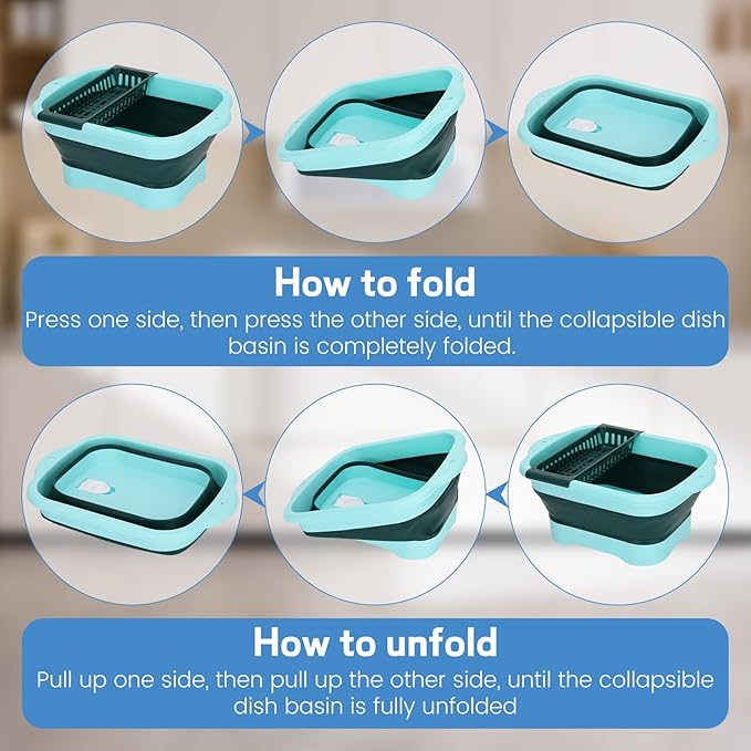 11 Liters (2.91 Gallons) Collapsible Dish Basin with Drain Plug,Outdoor Multi-Purpose Camping Sink for Cleaning Vegetables and as an Ice Bucket, Suitable for Kitchens, Camping and RVs (Green)