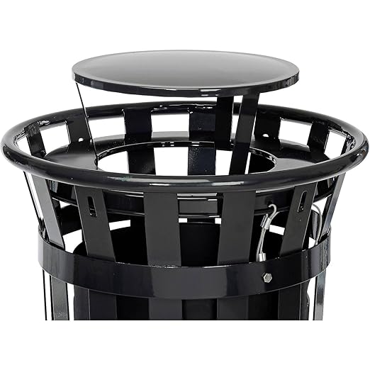 Global Industrial 24 Gallon Heavy-Duty Outdoor Metal Slatted Round Trash Receptacle with Rain Bonnet Lid, Powder Coat Finish, 23" Diameter x 41-3/4"H, Black
