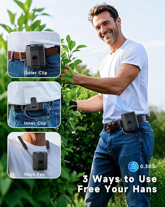 2025 Smart Portable Rechargeable Fan with LED Light & 25H Runtime, 4-Speed 9200RPM Turbo Cooling Personal Waist Fan, Wearable Neck & Belt Clip for Camping, Outdoor, Hiking - Black