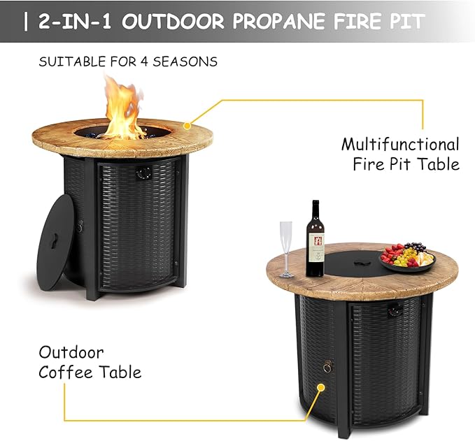 30 Inch Round Propane Fire Pit,50,000 BTU Iron Gas Firepit with Ignition Systems, w/Lid, Glass Stones,Outdoor Fire Table for Outside Patio,Deck-Black