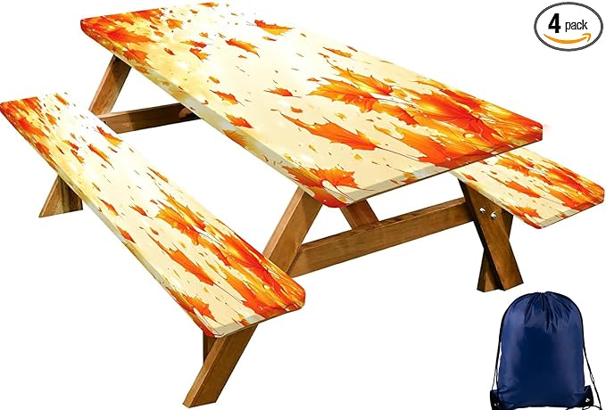CAPSCEOLL Fitted Picnic Table Cover with Bench Covers with Elastic 6Ft Waterproof Camping Picnic Table Cover Cloths for Outdoors Camping Tablecloth with Drawstring Bag, 72X30in, Fall Maple