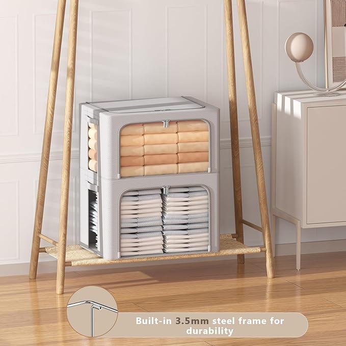 3Pack Frame Storage Box - Clothes Storage Bin Bags Oxford Fabric Foldable Stackable Container Organizer Set with Clear Window & Carry Handles (Grey, Extra Large-100L)