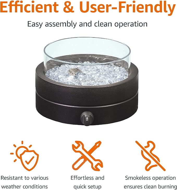 Amazon Basics 14-Inch Round Propane Fire Pit, 9000 BTU Portable Tabletop Fireplace with Glass Stones, Umbrella Hole Compatible for Outdoor Patio Tables & Camping, Brown