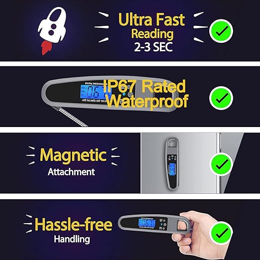 Instant Read Meat Thermometer for Kitchen Cooking, Ultra Fast Precise Waterproof Digital Food Thermometer with Backlight, Magnet and Foldable Probe for Deep Fry, Outdoor BBQ, Grill(Grey)
