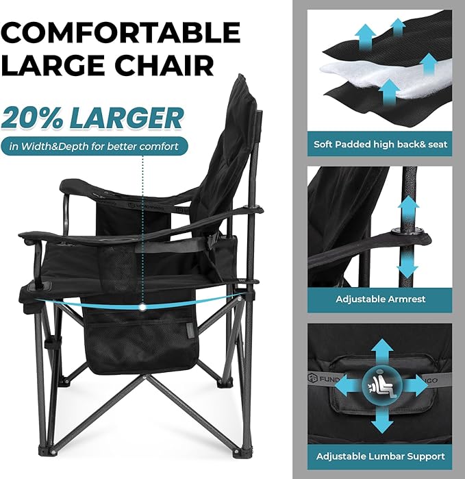 FUNDANGO Oversized Camping Chair for Adults, Heavy Duty Portable Foldable Lawn Chair with Padded Seat & Back, Lumbar Support, 4-can Cooler & Cup Holder, Carry Bag Included for Outdoor (Black)