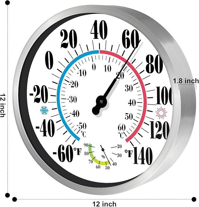 12" Outdoor Thermometer Large Numbers - Decorative Outdoor Thermometers for Patio, Wall Thermometer Hygrometer with Stainless Steel Enclosure, Battery Free Indoor Outdoor Thermometer Hanging