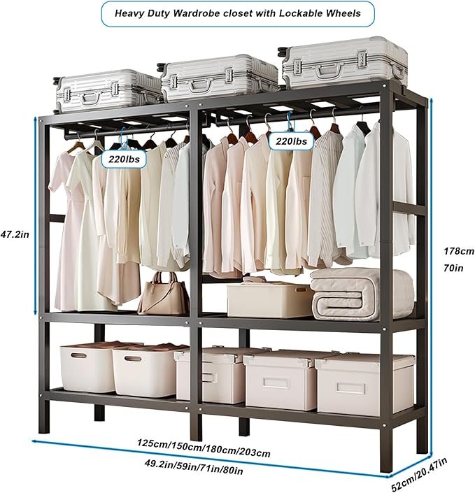 FPIGSHS Heavy Duty Clothes Rack with Magnetic Door 2000LBS Foldable Portable Wardrobe Closet for Hanging Clothing Rolling Garment Rack on Wheels for Bedroom Closet System (B(Grey Door, 71in)