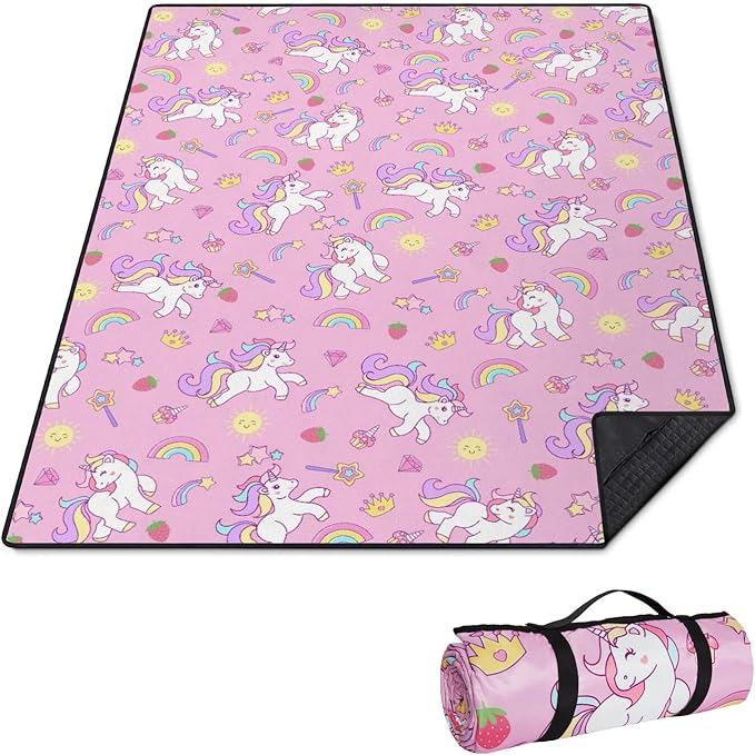 Extra Large Picnic Outdoor Blanket 60''x80'' Pink Unicorn Waterproof and Sandproof Picnic Mat for Beach Foldable Camping Accessories for Grass Lawn Park