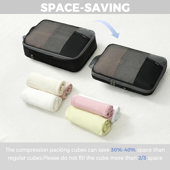 BAGAIL 4 Set/6 Set/8 Set Compression Packing Cubes Travel Accessories Expandable Packing Organizers (Half Mesh, 8-Jet Black)