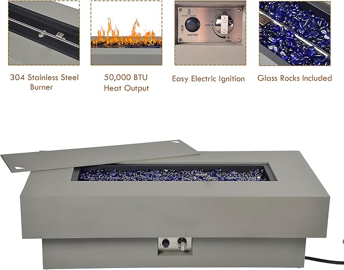 48-inch Fire Table with Natural Gas Conversion Kit, 50,000BTU Outdoor Modern Patio Fire Pit Table w/Rectangular Burner Lid, Glass Rocks, Cover