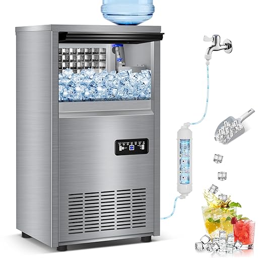 Commercial Ice Maker Machine with 40 lbs Storage Bin, 140 lbs/24H Built in Ice Machine with 2-Water Inlet Options, Stainless Steel Under Counter Freestanding Ice Maker for Home, Bar, and Restaurant