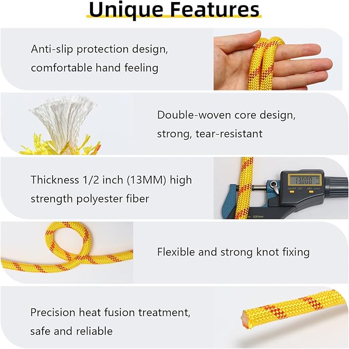Arborist Rope, 1/2 Inch x 50 Feet Double Braided Climbing Rope Polyester for Outdoor, Climbing, Hiking, Swing, Tree Work, Halyard, Sailing（Yellow）
