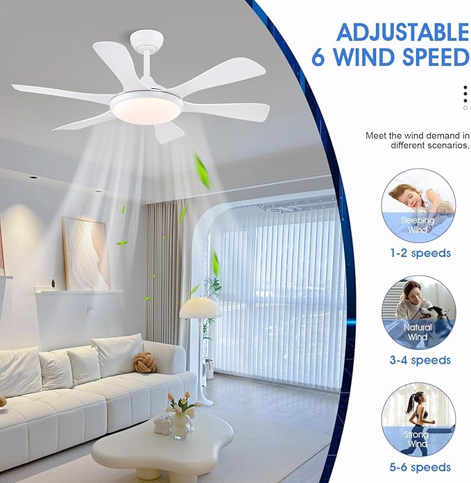 Ceiling Fans with Lights-47 Low Profile Ceiling Fan with Light and Remote/APP Control,Flush Mount,DC Reversible,LED Dimmable Ceiling Fans for Bedroom,Indoor/Outdoor Patio Use(White)