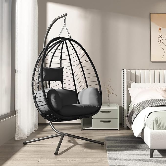 Hanging Egg Chair with Stand, Outdoor Indoor Egg Swing Chair with Cushion Headrest for Patio, Porch, Balcony, Bedroom, 350LBS Capacity (Black)