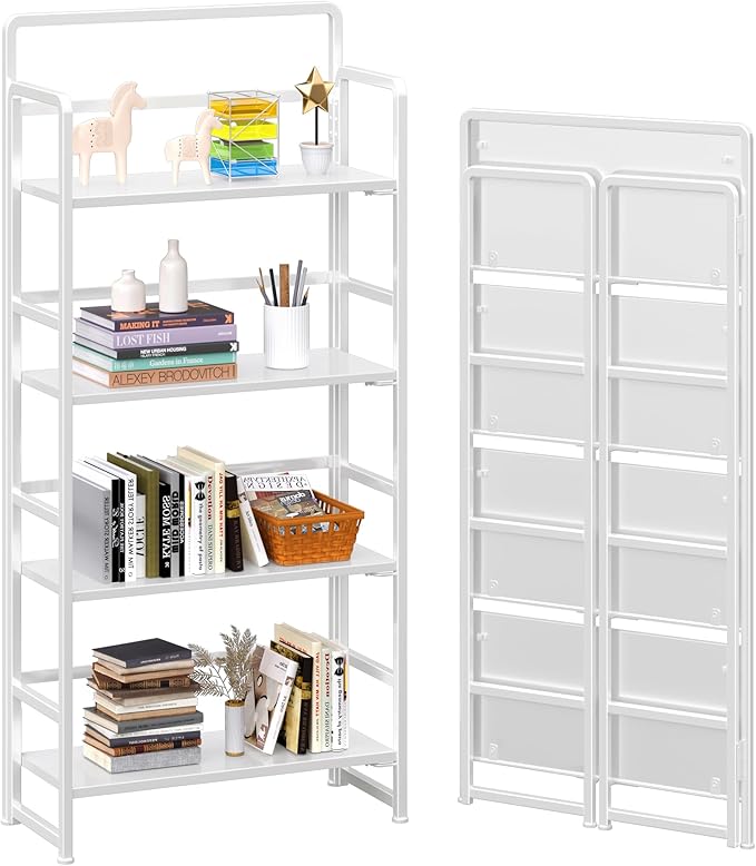 4NM No Assembly Folding Bookshelf, 4-Shelf 54" H Collapsible Foldable Bookcase Storage for Small Spaces, All White