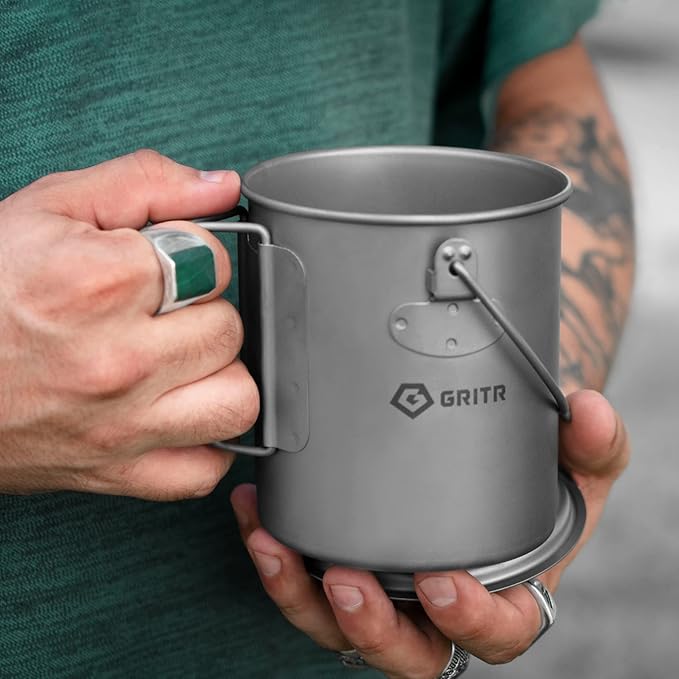 GRITR Titanium Mug, 15.2 fl oz / 25.4 fl oz | Camping, Backpacking, Picnic, Hiking, Travel, Outdoor Cooking Gear w/Lid & Folding Handles | Ultralight Multi-Purpose Metal Cup for Water, Coffee, Tea