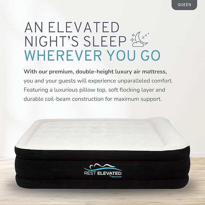 RestElevated Luxury Pillow Top Queen Size Air Mattress with Built in Pump | 20" Raised Height with Coil Beam Support | Adjustable Blow Up Air Bed | for Home, Guests and Camping [Black with Cream Top]