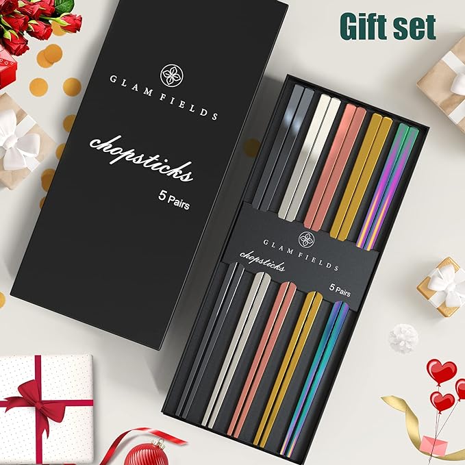 GLAMFIELDS Metal Chopsticks Reusable Chopsticks Dishwasher Safe Multipack Stainless Steel Japanese Style 5 Pairs Lightweight Chop Sticks Gift Set