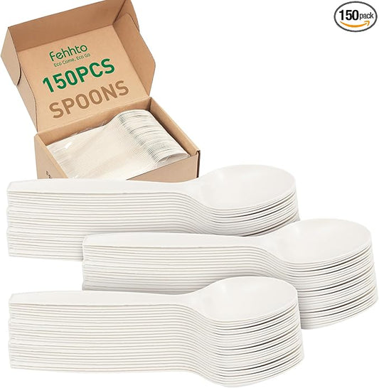 100% Compostable Disposable Spoons, 6.7" 150pcs Heavy Duty Utensils Eco-Friendly Cornstarch Cutlery Durable and BPI-Certified Party Supplies No Plastic, Ivory White