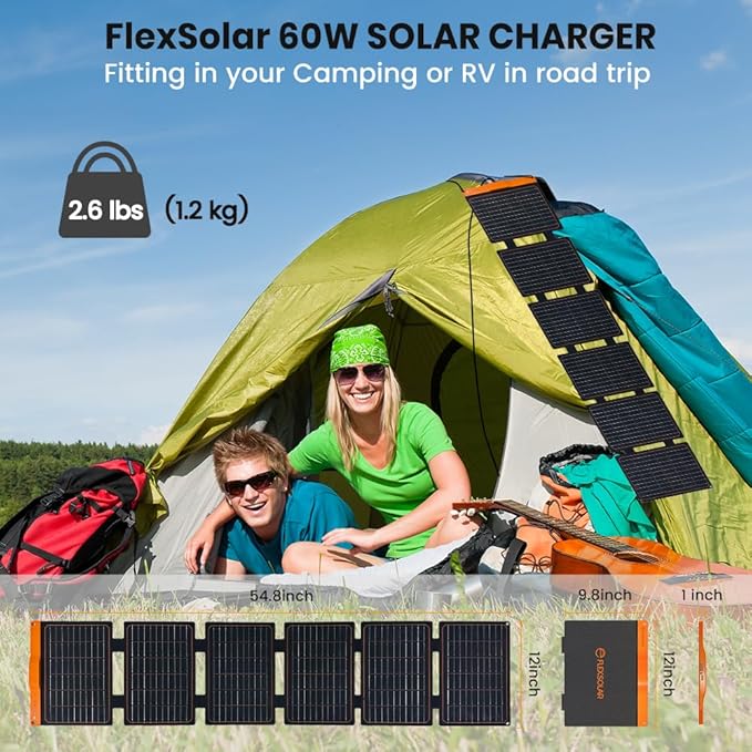 FlexSolar 60W Portable Solar Panels Chargers with PD3.0 USB-C,QC3.0 USB-A and DC Outputs Foldable IP67 Waterproof Power Emergency Camping for Small Power Station Generator,Phones, Power Banks, Tablets