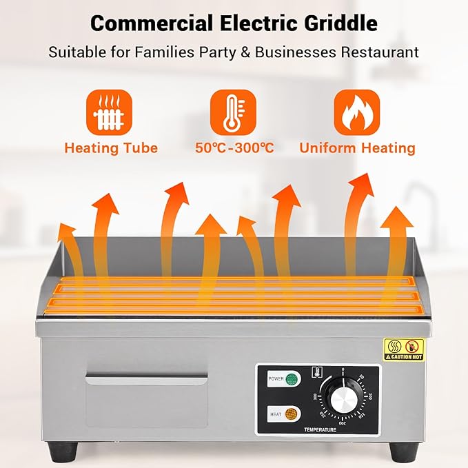 GarveeHome 18 In Commercial Electric Griddle,110V 1600W Electric Restaurant Teppanyaki Flat Top Grill With Shovels & Brushes, Non-Stick Countertop Griddle, Adjustable Temperature Control 122°F-572°F