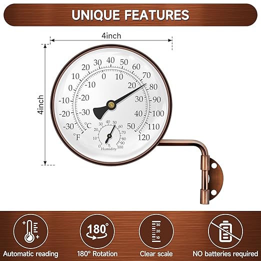 4" Brass Swivel Thermometer Indoor Outdoor Thermometer, Outside Decorative Weather Thermometer Hygrometer for Kitchen Window, Patio, Greenhouse